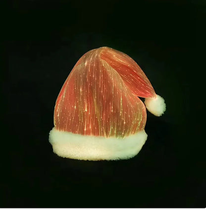 Glowing LED Christmas hat with colorful lights and white fur trim on a black background.