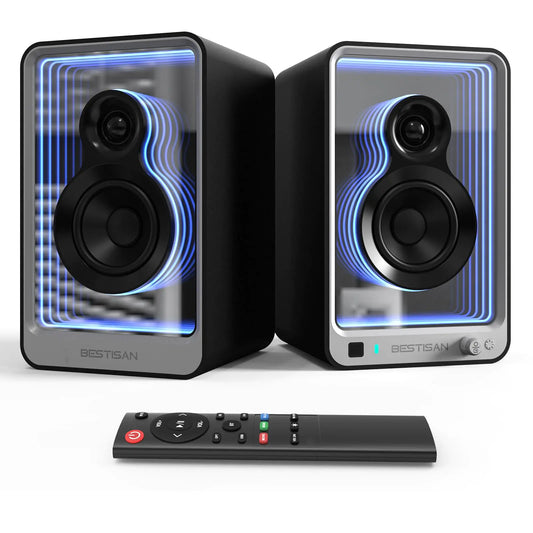 BESTISAN SR15 Bluetooth bookshelf speakers with remote control and light effects, showcasing sleek design and superior sound quality.